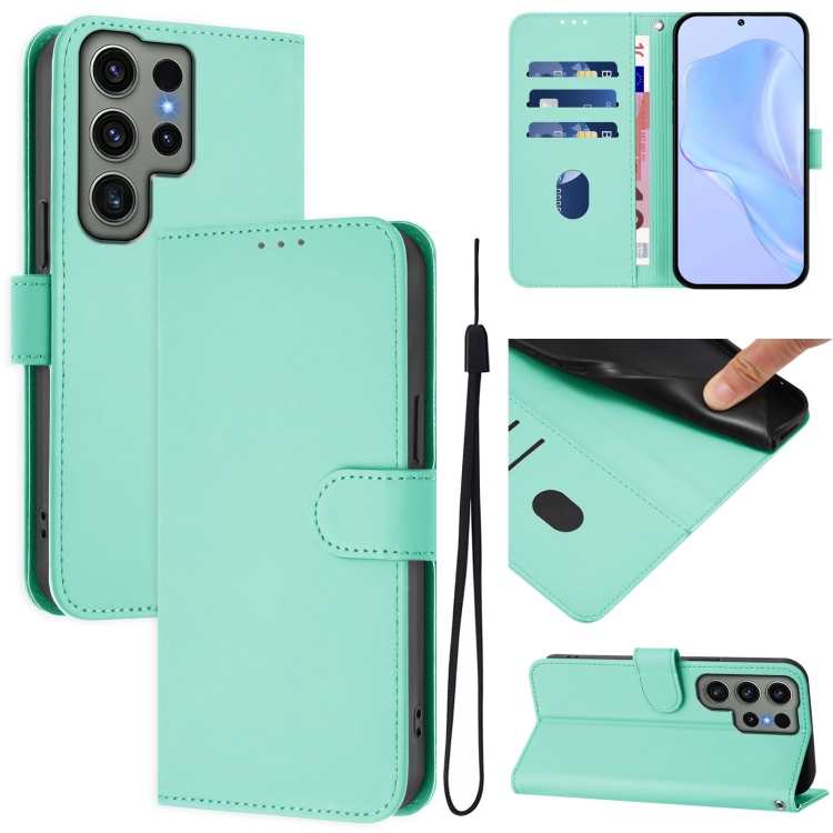 

For Samsung Galaxy S23 Ultra 5G Skin Feel Solid Color Leather Phone Case with Lanyard(Mint Green)