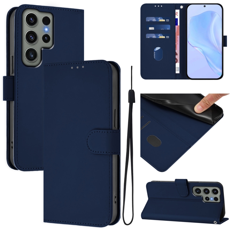 

For Samsung Galaxy S23 Ultra 5G Skin Feel Solid Color Leather Phone Case with Lanyard(Navy Blue)
