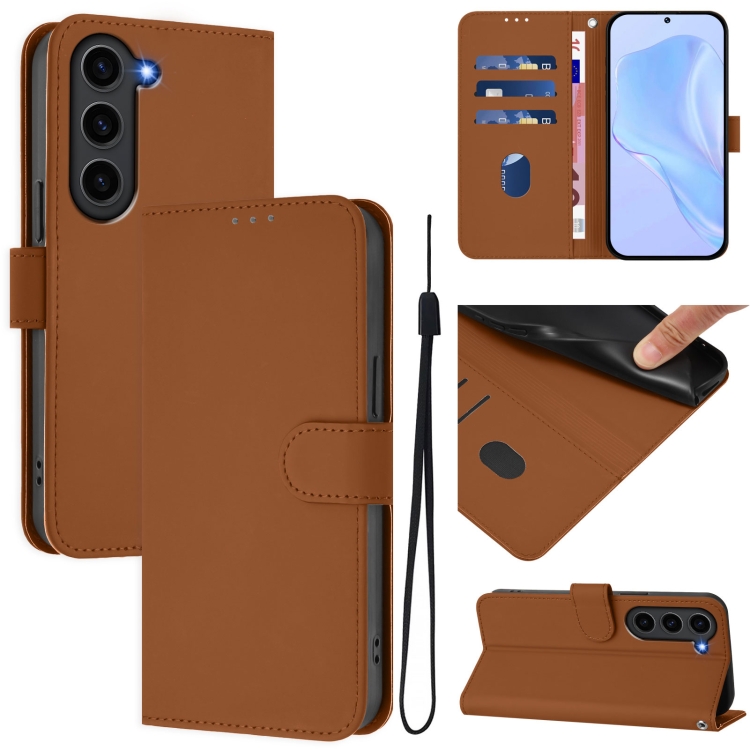 

For Samsung Galaxy S23+ 5G Skin Feel Solid Color Leather Phone Case with Lanyard(Brown)