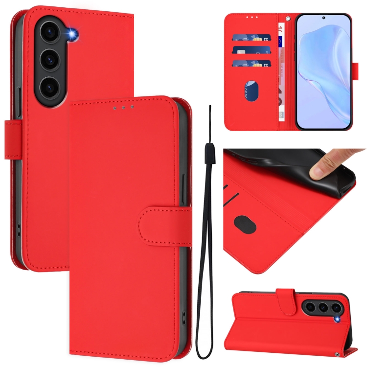 

For Samsung Galaxy S23+ 5G Skin Feel Solid Color Leather Phone Case with Lanyard(Red)