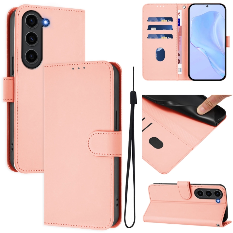 

For Samsung Galaxy S23+ 5G Skin Feel Solid Color Leather Phone Case with Lanyard(Pink)