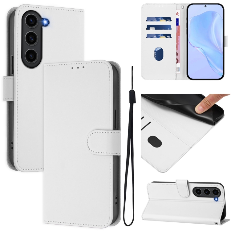 

For Samsung Galaxy S23+ 5G Skin Feel Solid Color Leather Phone Case with Lanyard(White)