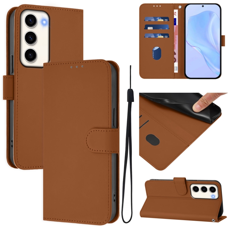 

For Samsung Galaxy S23 5G Skin Feel Solid Color Leather Phone Case with Lanyard(Brown)