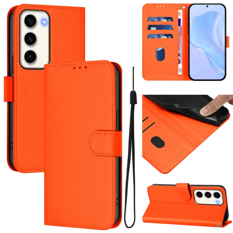 

For Samsung Galaxy S23 5G Skin Feel Solid Color Leather Phone Case with Lanyard(Orange)