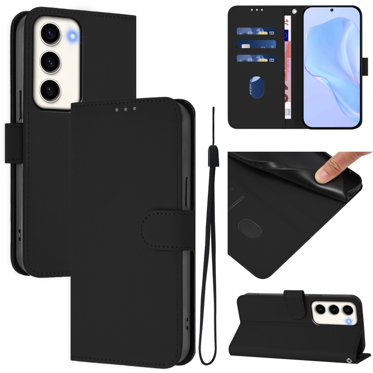 

For Samsung Galaxy S23 5G Skin Feel Solid Color Leather Phone Case with Lanyard(Black)