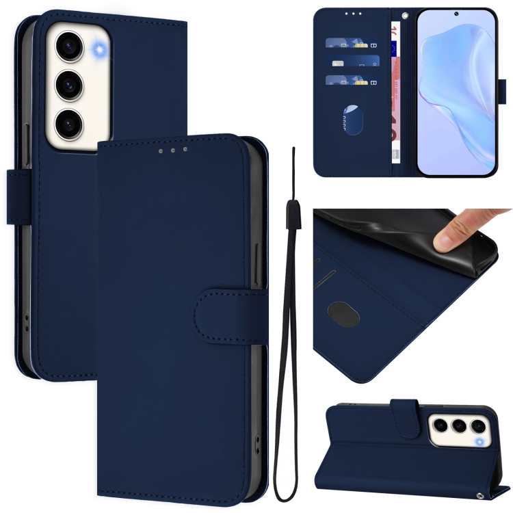 

For Samsung Galaxy S23 5G Skin Feel Solid Color Leather Phone Case with Lanyard(Navy Blue)