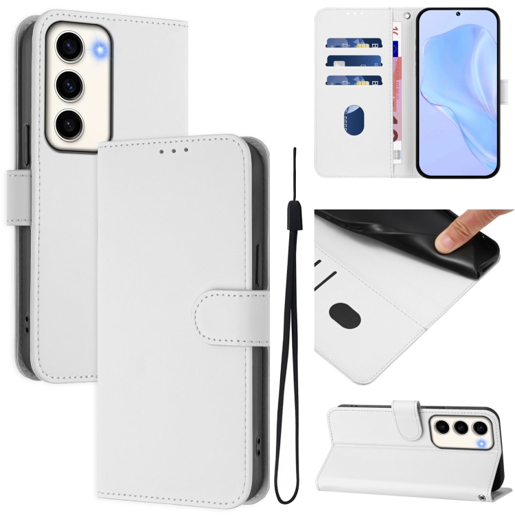 

For Samsung Galaxy S23 5G Skin Feel Solid Color Leather Phone Case with Lanyard(White)