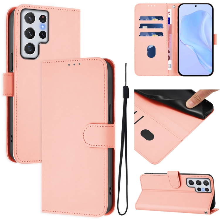 

For Samsung Galaxy S22 Ultra 5G Skin Feel Solid Color Leather Phone Case with Lanyard(Pink)