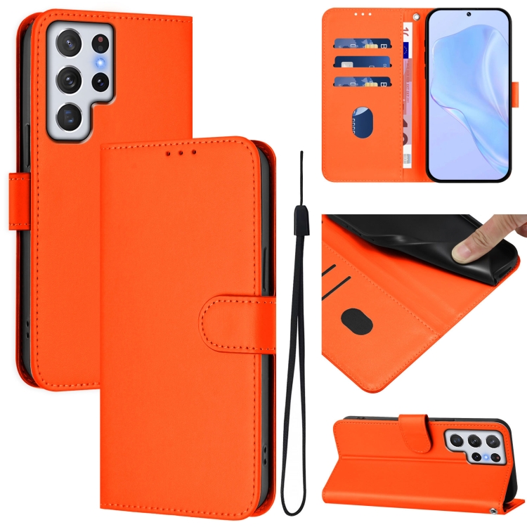 

For Samsung Galaxy S22 Ultra 5G Skin Feel Solid Color Leather Phone Case with Lanyard(Orange)