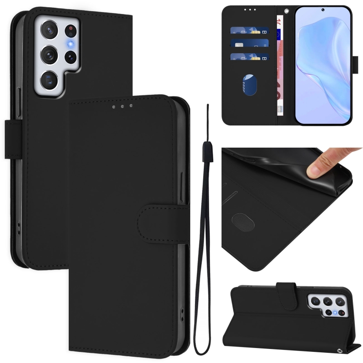 

For Samsung Galaxy S22 Ultra 5G Skin Feel Solid Color Leather Phone Case with Lanyard(Black)