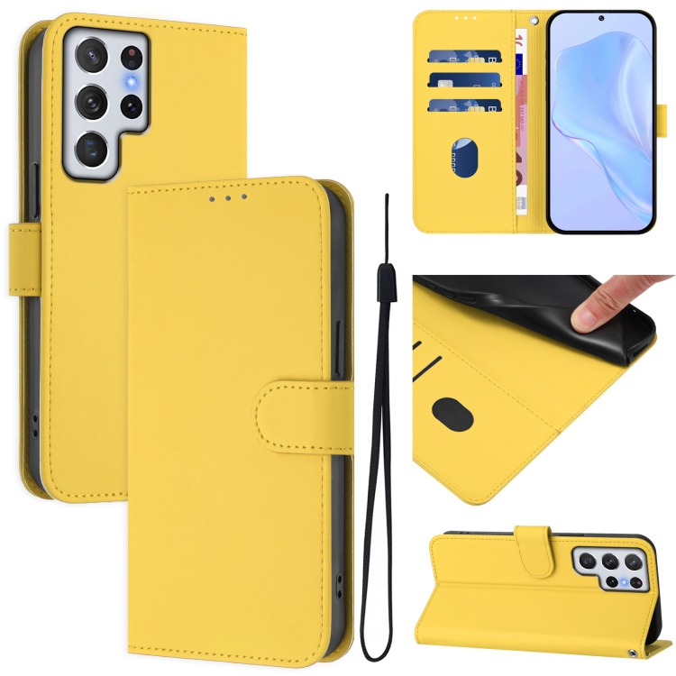 

For Samsung Galaxy S22 Ultra 5G Skin Feel Solid Color Leather Phone Case with Lanyard(Lemon Yellow)