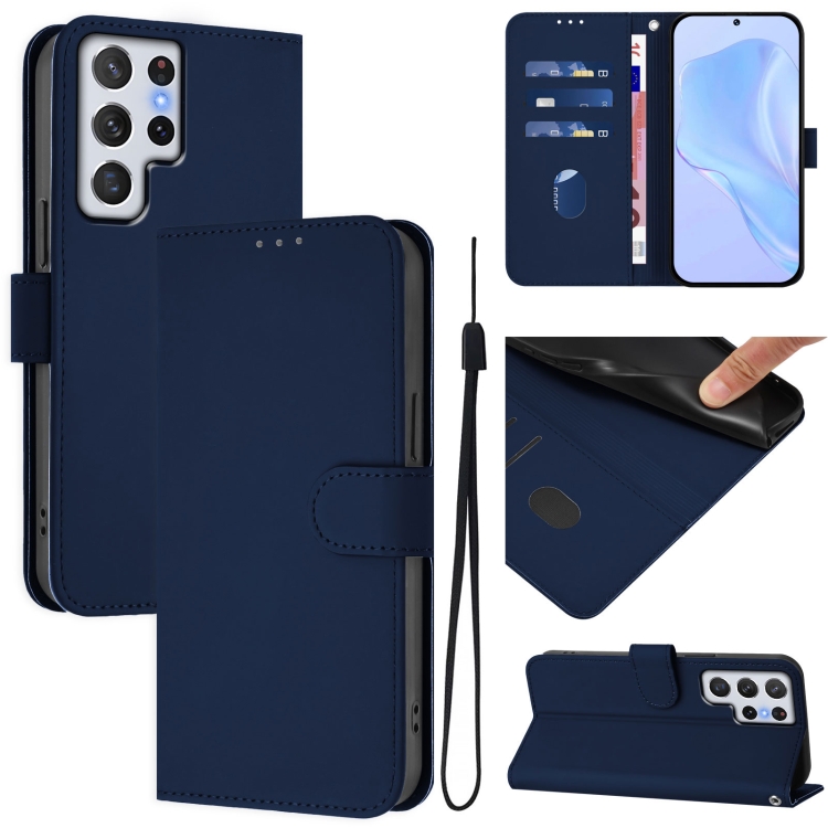 

For Samsung Galaxy S22 Ultra 5G Skin Feel Solid Color Leather Phone Case with Lanyard(Navy Blue)