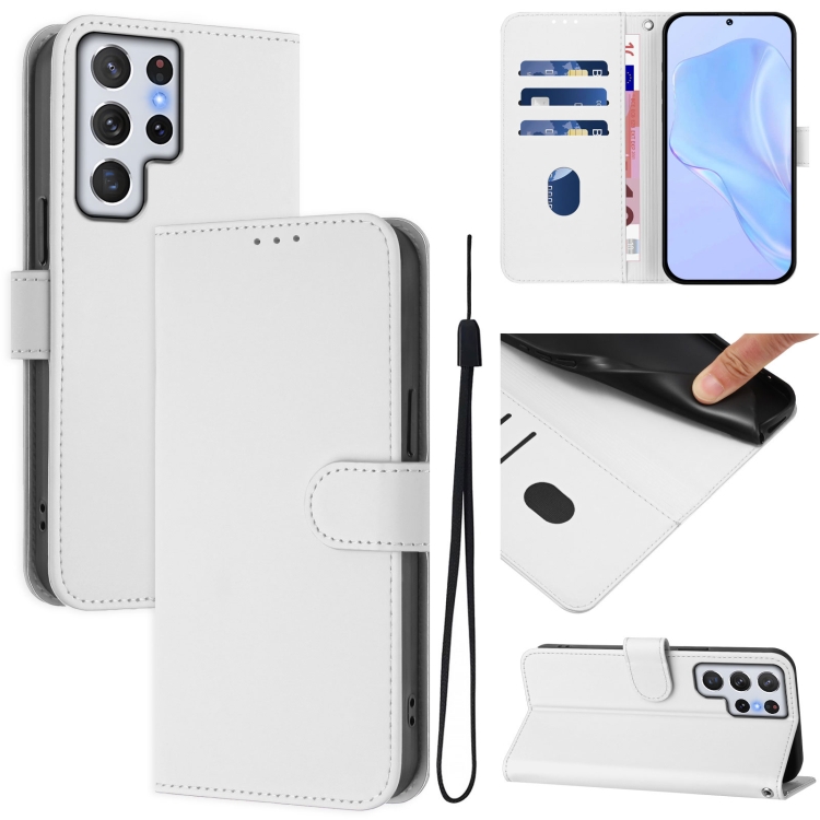 

For Samsung Galaxy S22 Ultra 5G Skin Feel Solid Color Leather Phone Case with Lanyard(White)