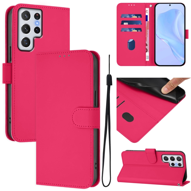 

For Samsung Galaxy S22 Ultra 5G Skin Feel Solid Color Leather Phone Case with Lanyard(Rose Red)