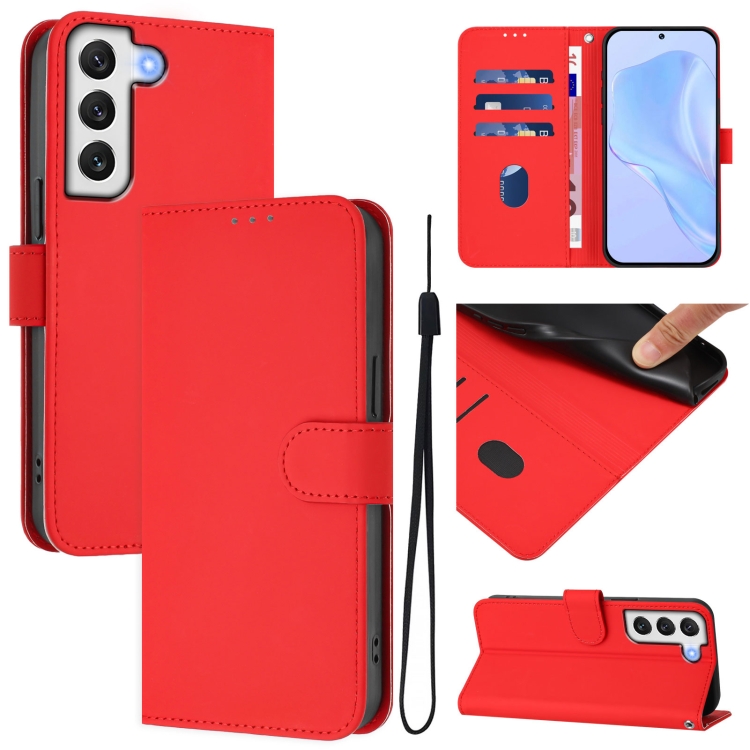 

For Samsung Galaxy S22+ 5G Skin Feel Solid Color Leather Phone Case with Lanyard(Red)