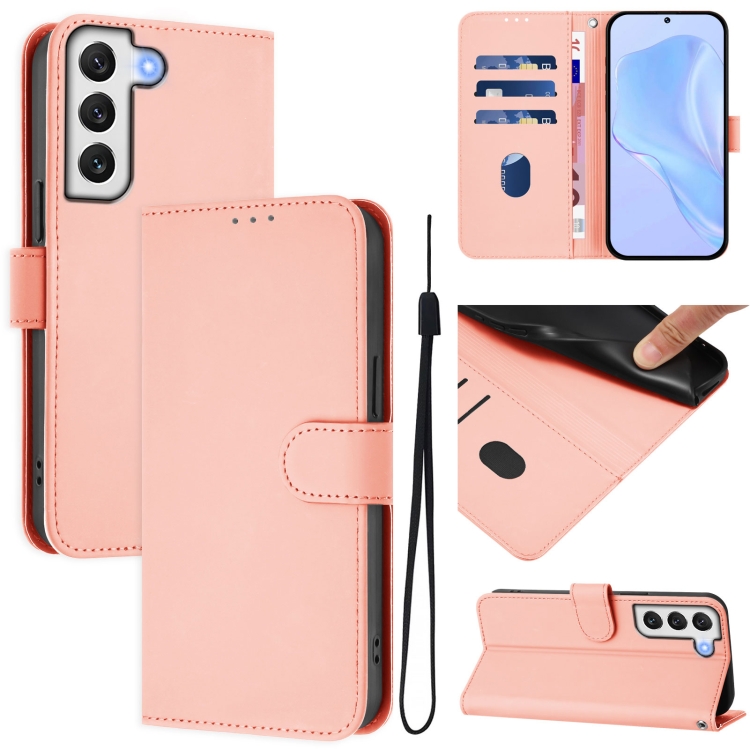 

For Samsung Galaxy S22 5G Skin Feel Solid Color Leather Phone Case with Lanyard(Pink)