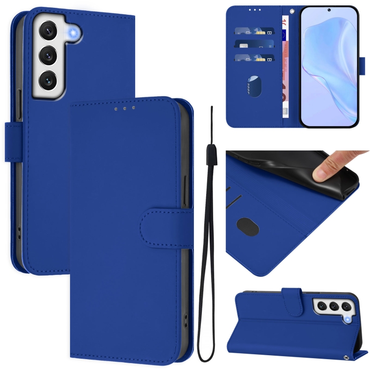 

For Samsung Galaxy S22 5G Skin Feel Solid Color Leather Phone Case with Lanyard(Dark Blue)