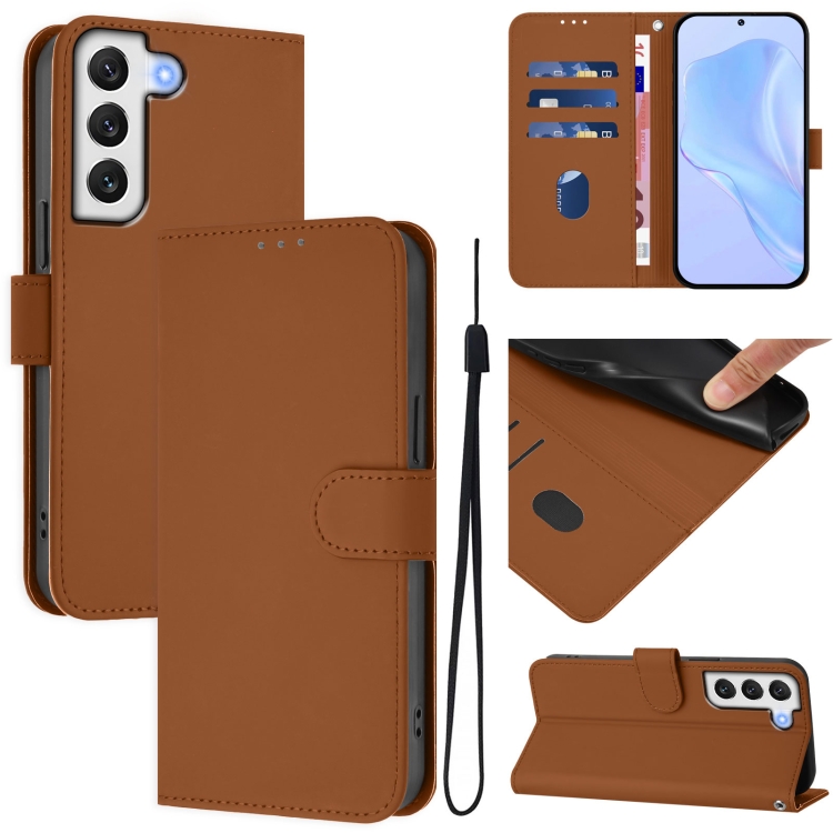 

For Samsung Galaxy S21 FE 5G Skin Feel Solid Color Leather Phone Case with Lanyard(Brown)