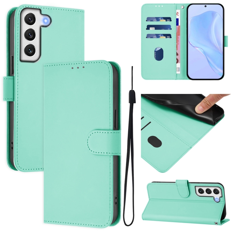 

For Samsung Galaxy S21 FE 5G Skin Feel Solid Color Leather Phone Case with Lanyard(Mint Green)