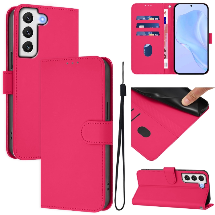 

For Samsung Galaxy S21 FE 5G Skin Feel Solid Color Leather Phone Case with Lanyard(Rose Red)