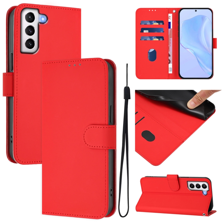 

For Samsung Galaxy S21 5G Skin Feel Solid Color Leather Phone Case with Lanyard(Red)