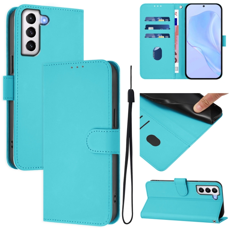 

For Samsung Galaxy S21 5G Skin Feel Solid Color Leather Phone Case with Lanyard(Lake Blue)