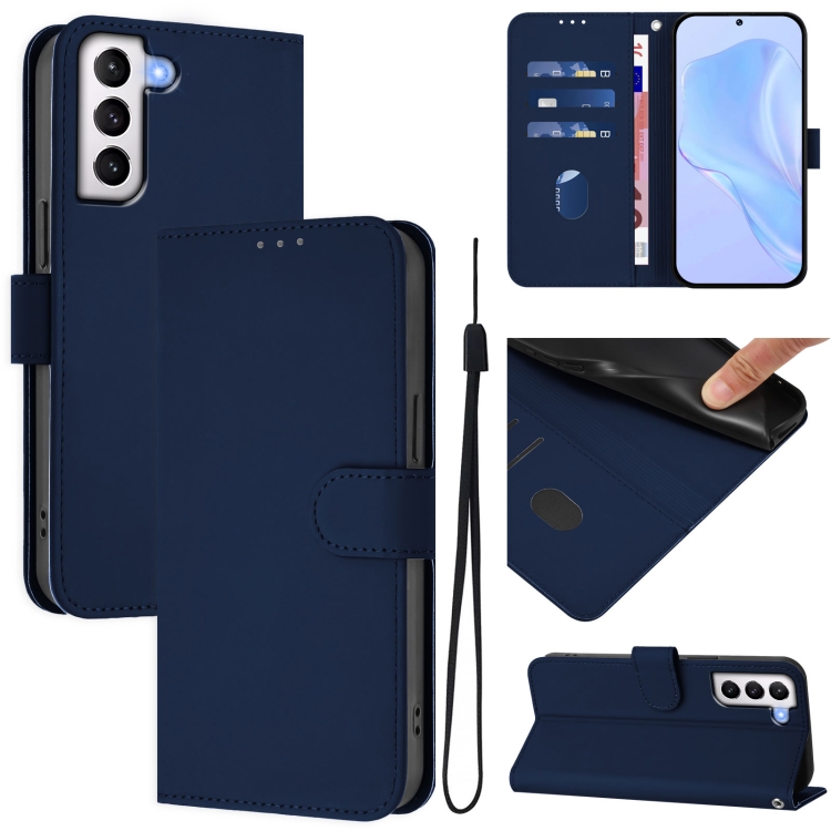 

For Samsung Galaxy S21+ 5G Skin Feel Solid Color Leather Phone Case with Lanyard(Navy Blue)