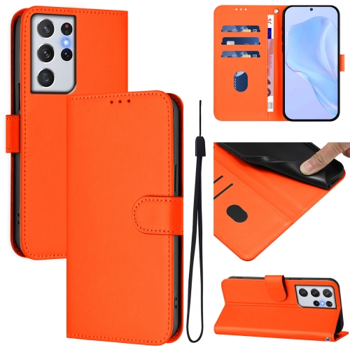 

For Samsung Galaxy S21 Ultra 5G Skin Feel Solid Color Leather Phone Case with Lanyard(Orange)