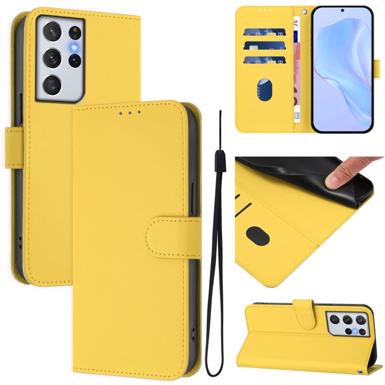 

For Samsung Galaxy S21 Ultra 5G Skin Feel Solid Color Leather Phone Case with Lanyard(Lemon Yellow)