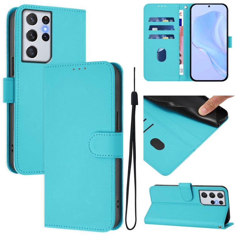 

For Samsung Galaxy S21 Ultra 5G Skin Feel Solid Color Leather Phone Case with Lanyard(Lake Blue)