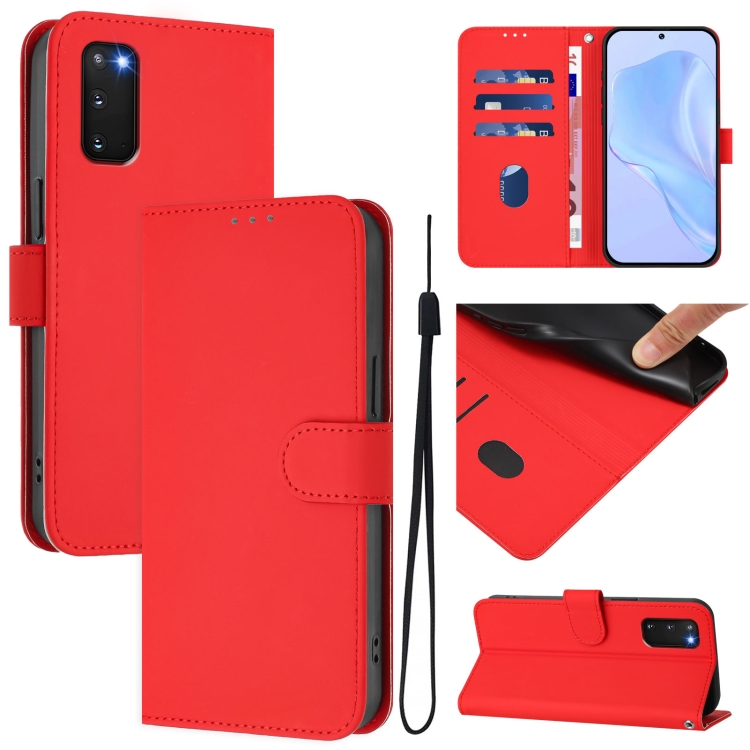 

For Samsung Galaxy S20 FE 2022 Skin Feel Solid Color Leather Phone Case with Lanyard(Red)