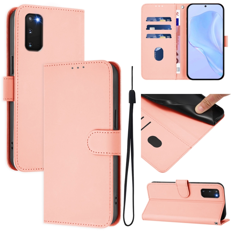 

For Samsung Galaxy S20 FE 2022 Skin Feel Solid Color Leather Phone Case with Lanyard(Pink)