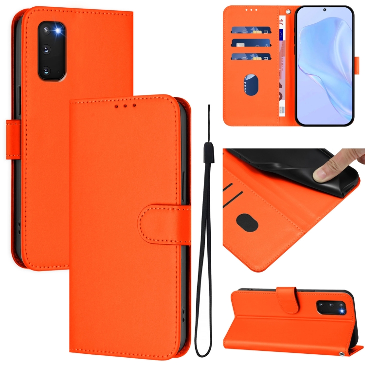 

For Samsung Galaxy S20 FE 2022 Skin Feel Solid Color Leather Phone Case with Lanyard(Orange)