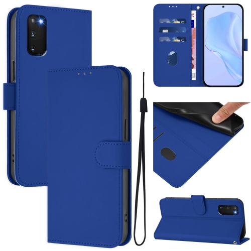 

For Samsung Galaxy S20 FE 2022 Skin Feel Solid Color Leather Phone Case with Lanyard(Dark Blue)