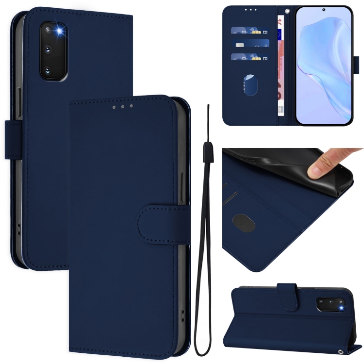 

For Samsung Galaxy S20 FE 2022 Skin Feel Solid Color Leather Phone Case with Lanyard(Navy Blue)