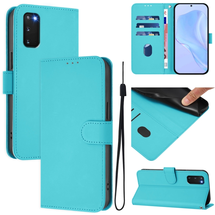 

For Samsung Galaxy S20 FE 2022 Skin Feel Solid Color Leather Phone Case with Lanyard(Lake Blue)