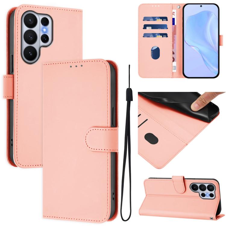

For Samsung Galaxy S26 Ultra 5G Skin Feel Solid Color Leather Phone Case with Lanyard(Pink)