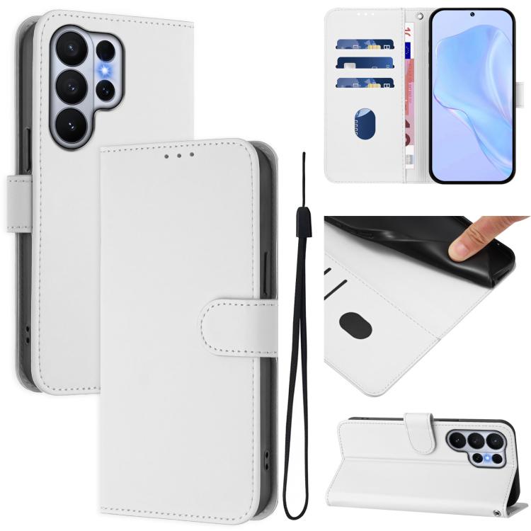 

For Samsung Galaxy S26 Ultra 5G Skin Feel Solid Color Leather Phone Case with Lanyard(White)
