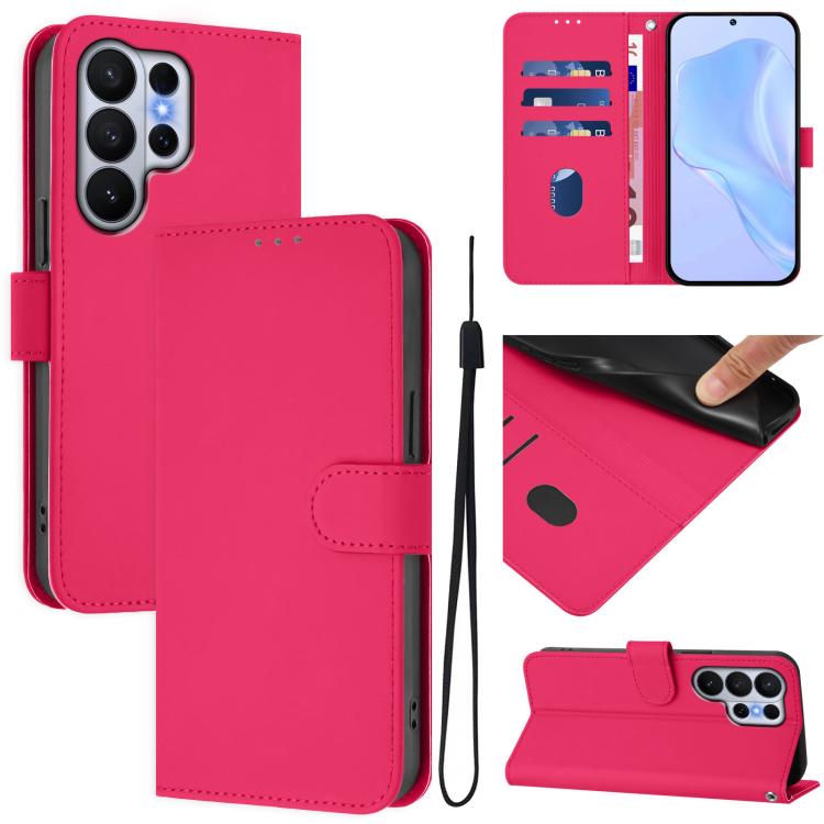 

For Samsung Galaxy S26 Ultra 5G Skin Feel Solid Color Leather Phone Case with Lanyard(Rose Red)