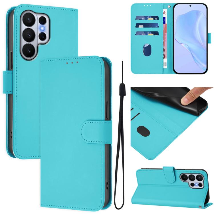

For Samsung Galaxy S26 Ultra 5G Skin Feel Solid Color Leather Phone Case with Lanyard(Lake Blue)