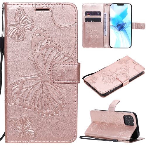 

For iPhone 12 / 12 Pro 3D Butterfly Embossed Pattern Horizontal Flip Leather Case with Holder & Card Slot & Wallet & Lanyard(Rose Gold)