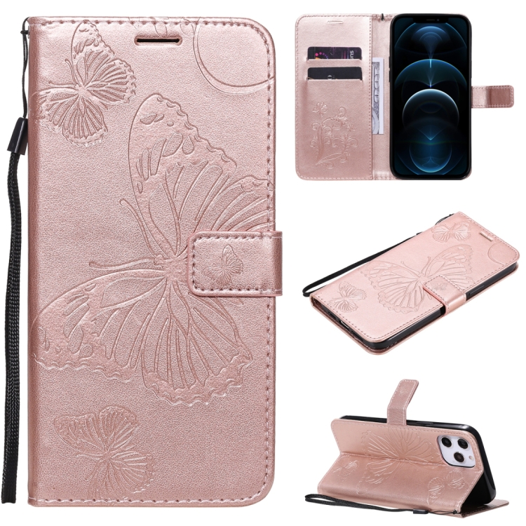 

For iPhone 12 Pro Max 3D Butterfly Embossed Pattern Horizontal Flip Leather Case with Holder & Card Slot & Wallet & Lanyard(Rose Gold)