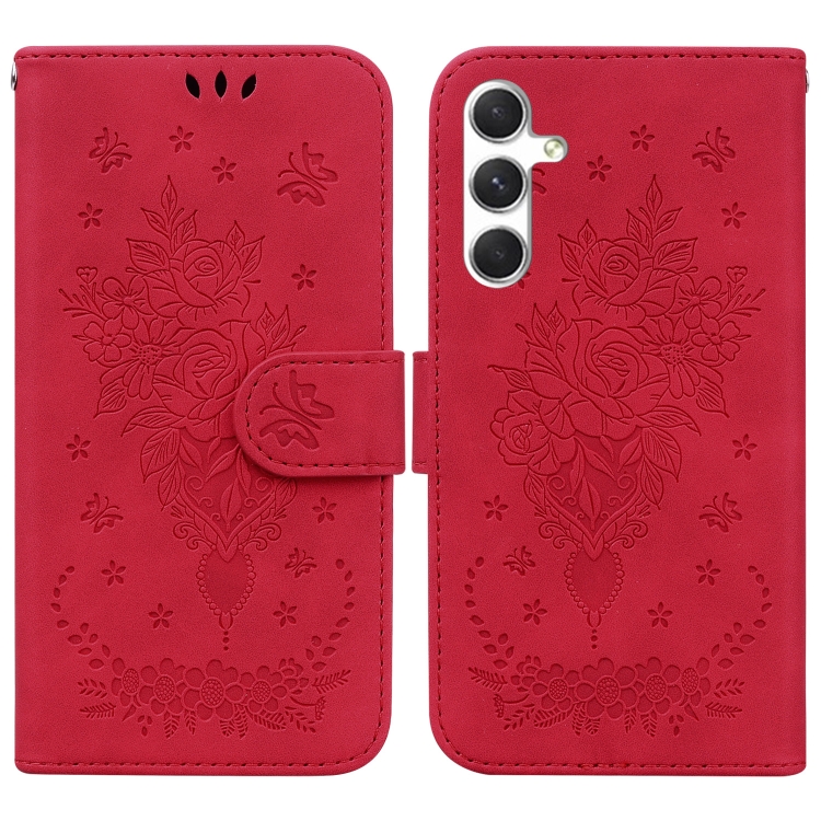 

For Samsung Galaxy S25 5G Butterfly Rose Embossed Leather Phone Case(Red)