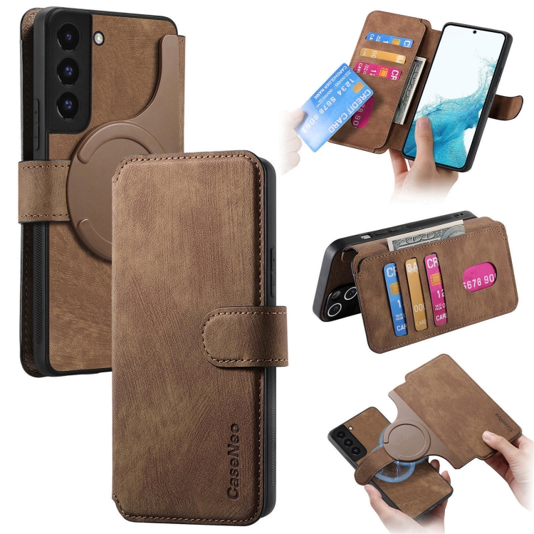 

For Samsung Galaxy S21 FE 5G CaseNeo MagSafe RFID Anti-theft Retro Leather Phone Case(Brown)