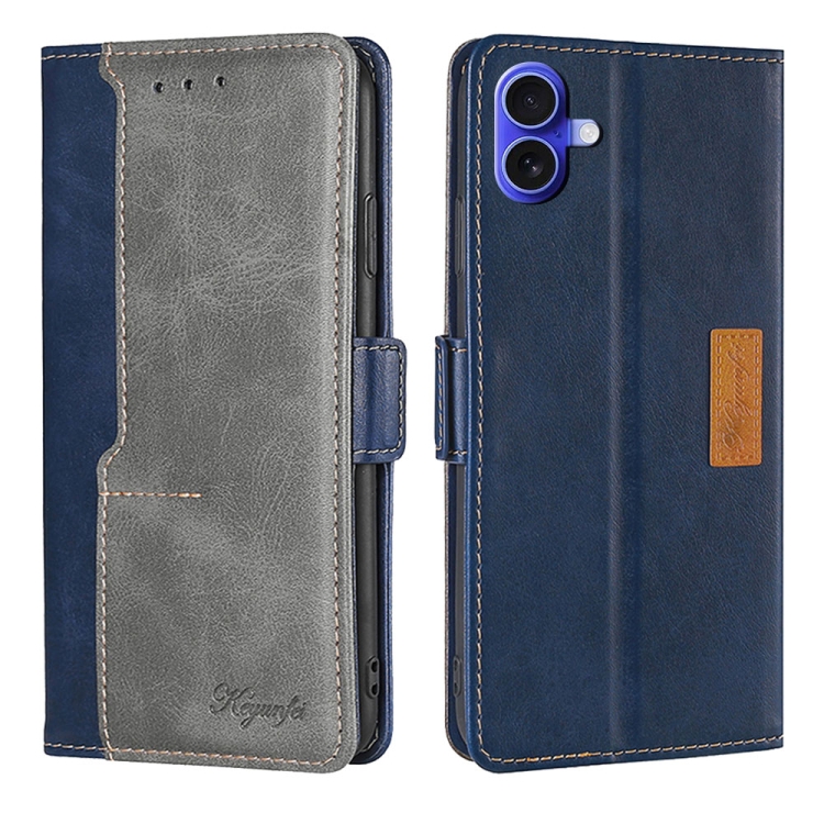 

For iPhone 16 Contrast Color Side Buckle Leather Phone Case(Blue + Grey)