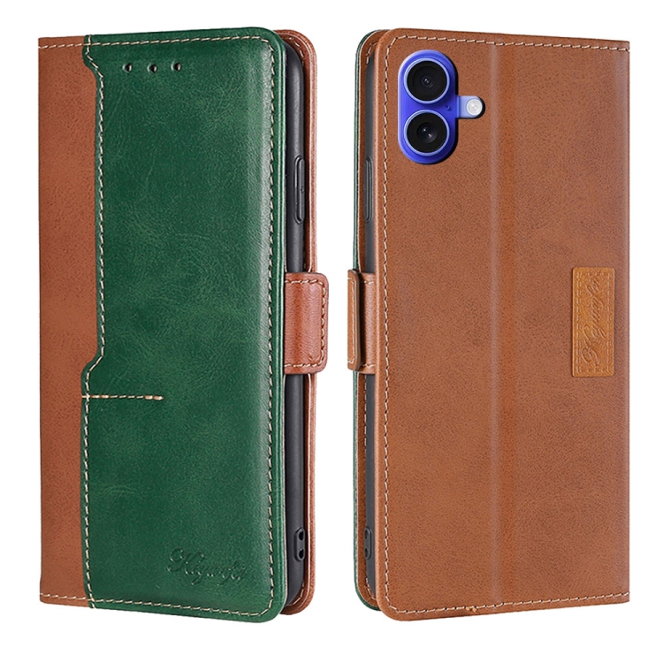 

For iPhone 16 Plus Contrast Color Side Buckle Leather Phone Case(Light Brown + Green)
