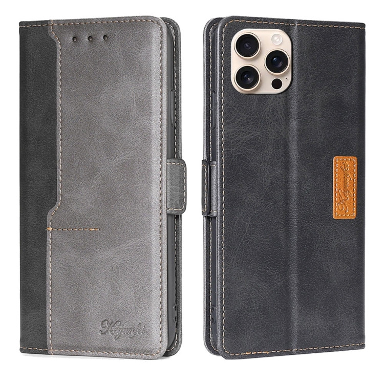 

For iPhone 16 Pro Contrast Color Side Buckle Leather Phone Case(Black + Grey)