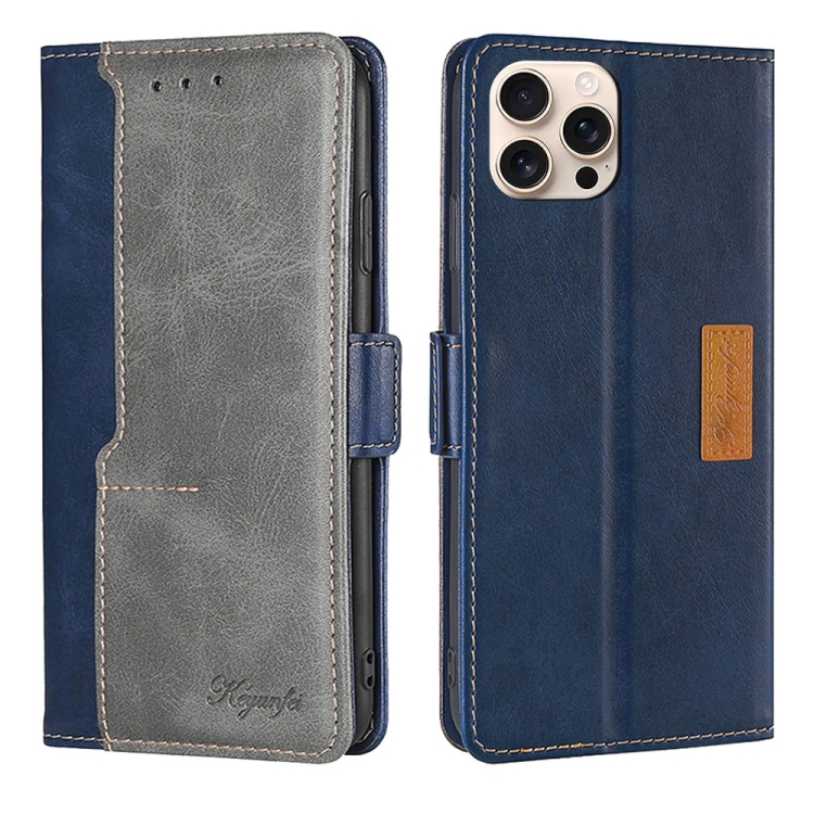 

For iPhone 16 Pro Contrast Color Side Buckle Leather Phone Case(Blue + Grey)
