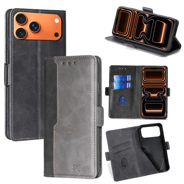 

For iPhone 17 Pro Max Contrast Color Side Buckle Leather Phone Case(Black + Grey)