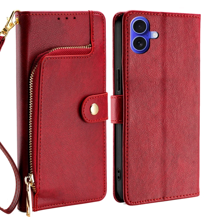 

For iPhone 16 Plus Zipper Bag Leather Phone Case(Red)